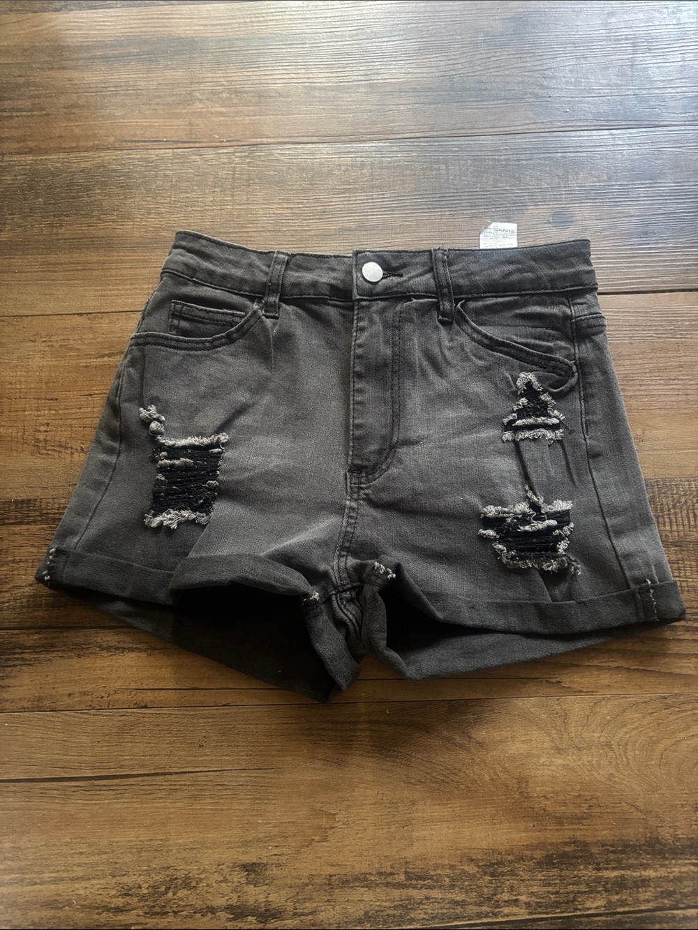 SHEIN Women’s Distressed High-Waist Denim Shorts - Charcoal